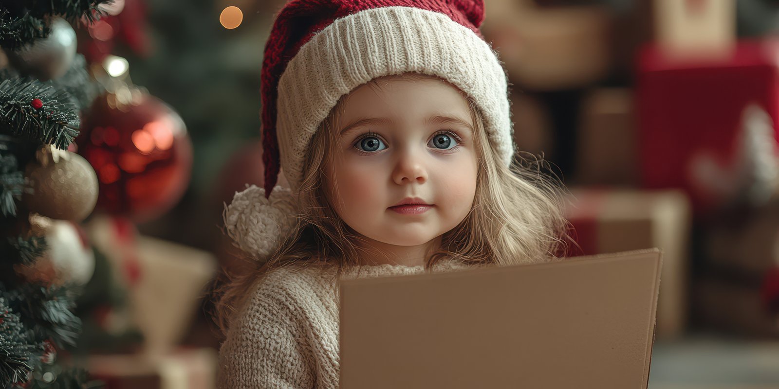 Young child in a festive winter setting holding a letter while celebrating the holiday season